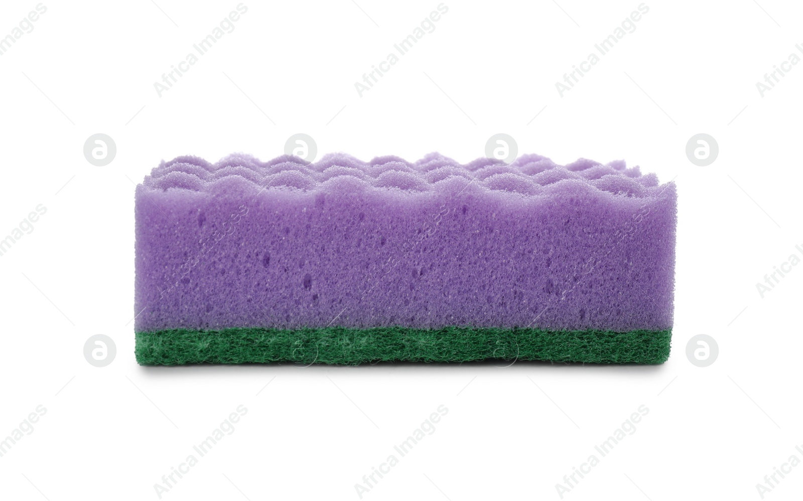 Photo of Purple cleaning sponge with abrasive green scourer isolated on white