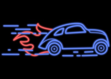 Illustration of Glowing neon sign with driving car on black background