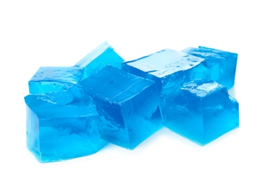 Photo of Heap of blue jelly cubes on white background