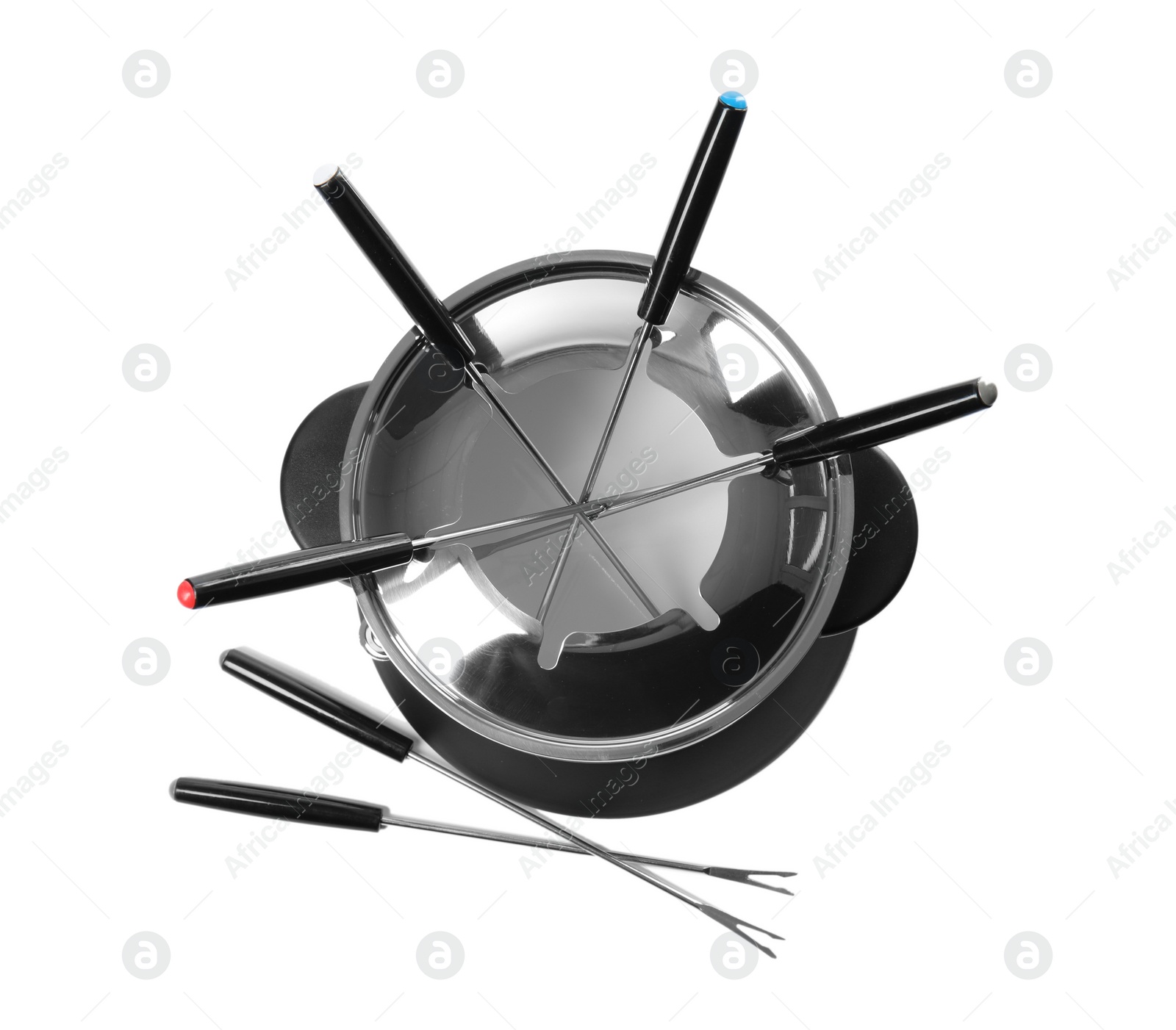 Photo of Modern fondue set on white background. Kitchen equipment