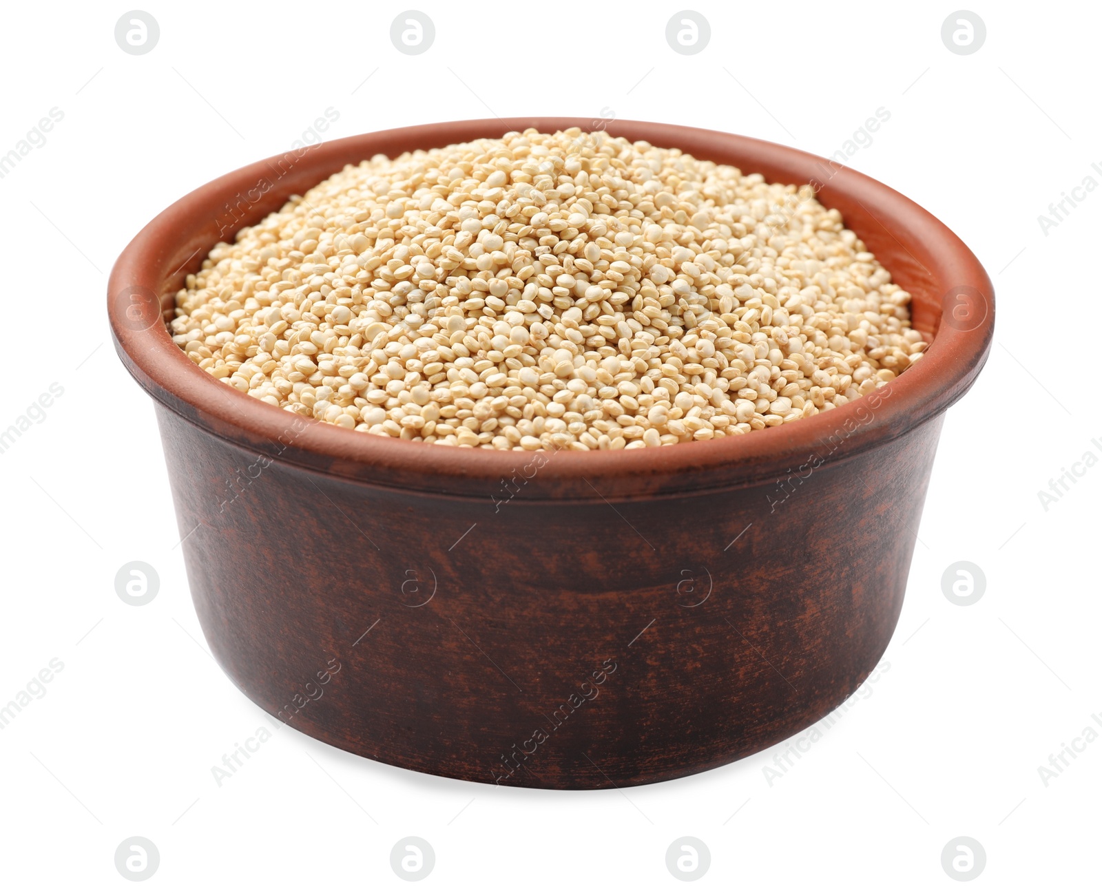 Photo of Raw quinoa in bowl isolated on white