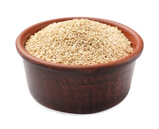 Photo of Raw quinoa in bowl isolated on white