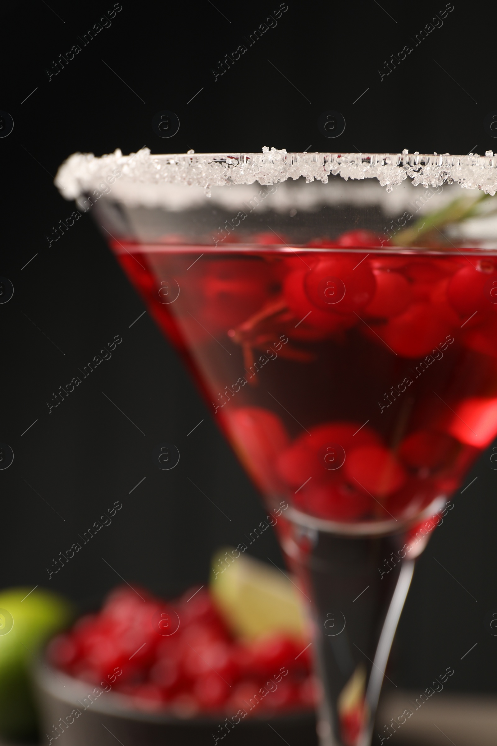 Photo of Tasty cranberry cocktail with rosemary in glass against black background, closeup