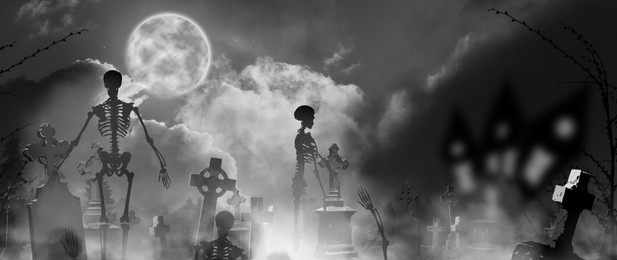 Image of Scary skeletons at misty cemetery in night. Banner design