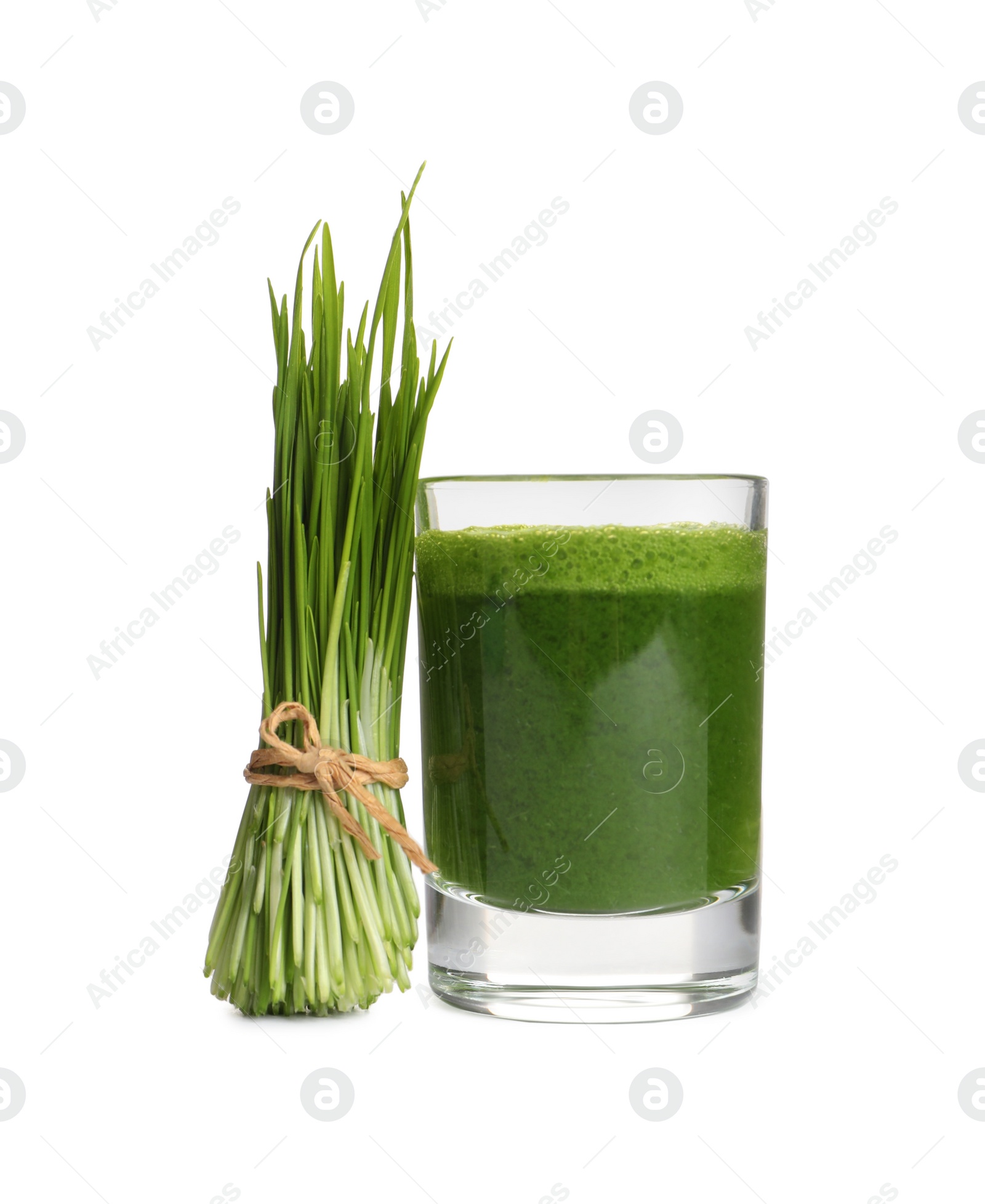 Photo of Glass of fresh wheat grass juice and sprouts on white background
