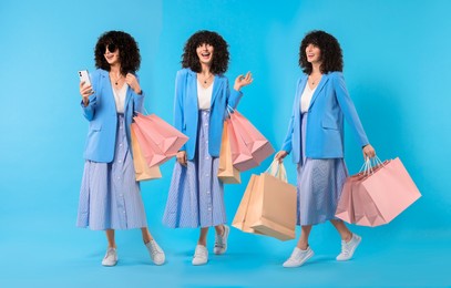 Image of Happy woman with shopping bags on light blue background, set with photos