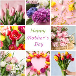 Collage with photos of beautiful flowers and text Happy Mother's Day