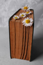 Photo of Book with chamomile flowers as bookmark on light gray table