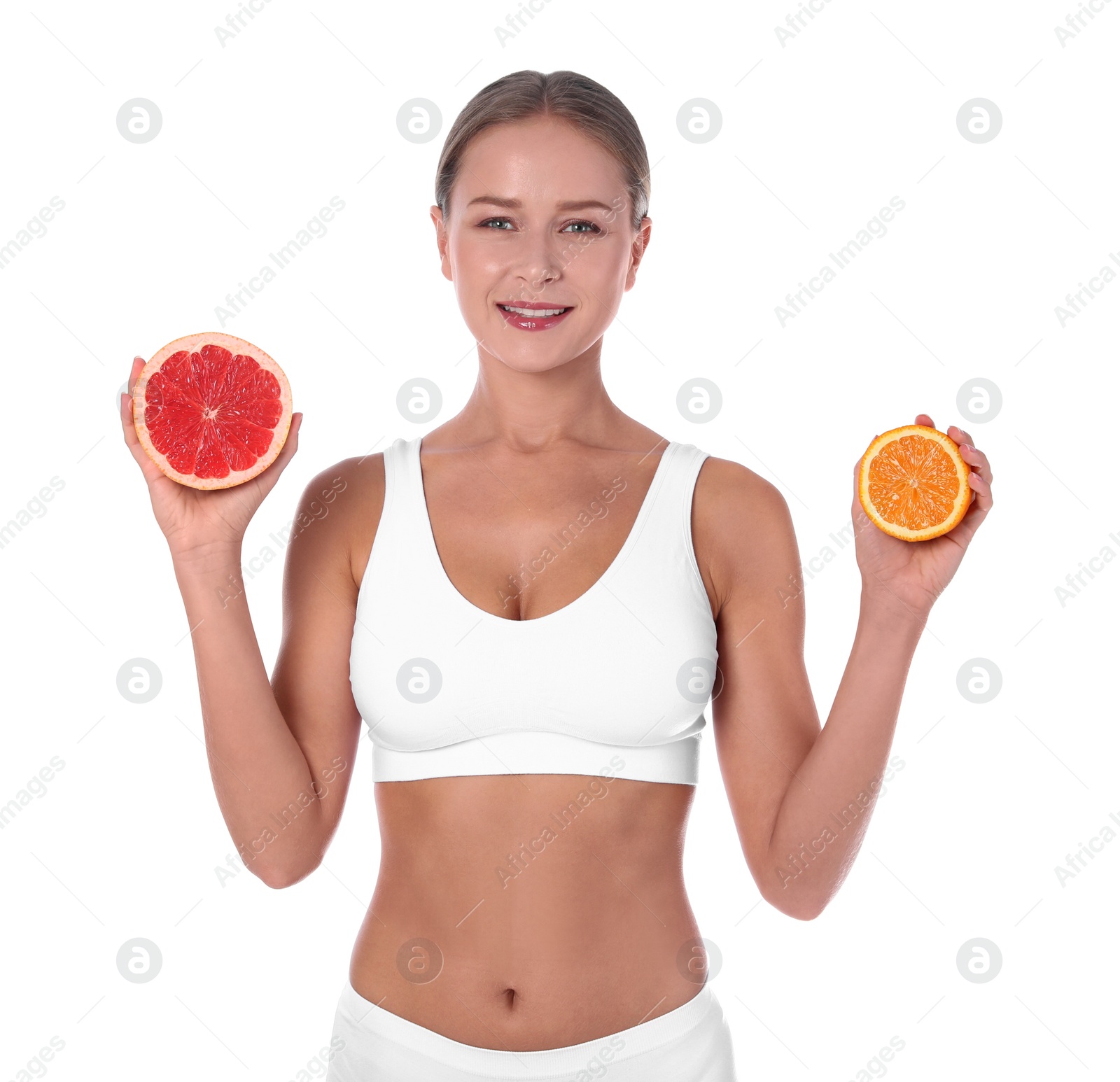 Photo of Slim woman with grapefruit and orange on white background. Healthy diet