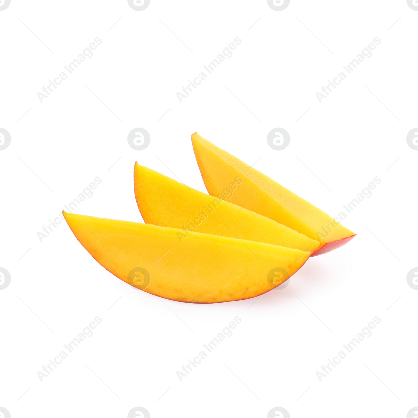 Photo of Slices of ripe mango isolated on white. Exotic fruit