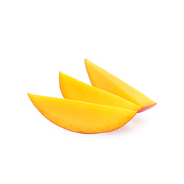 Photo of Slices of ripe mango isolated on white. Exotic fruit