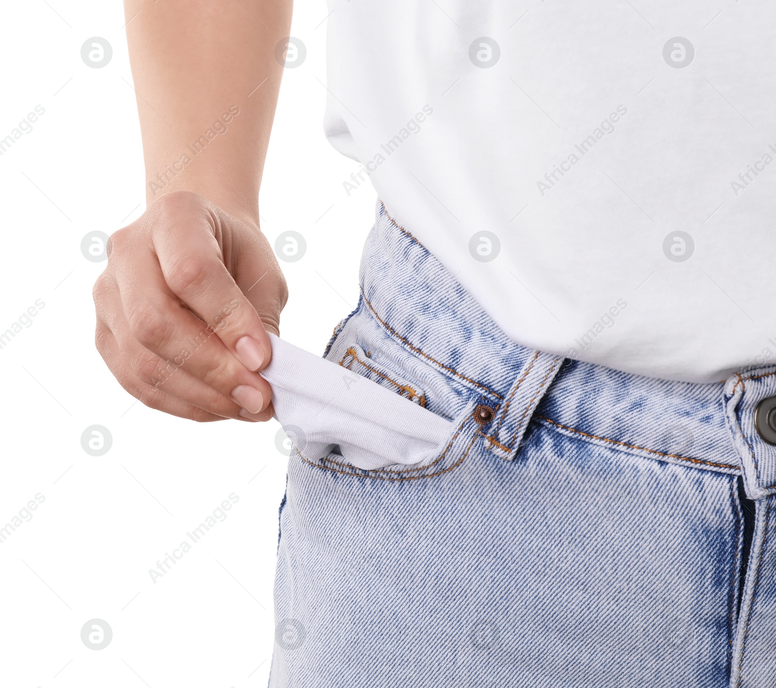 Photo of Poor woman showing empty pocket on white background, closeup