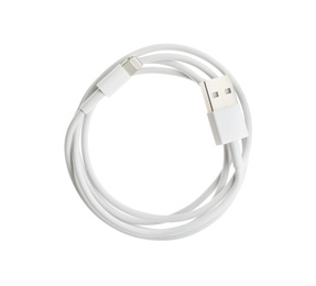 Photo of USB charge cable isolated on white, top view. Modern technology