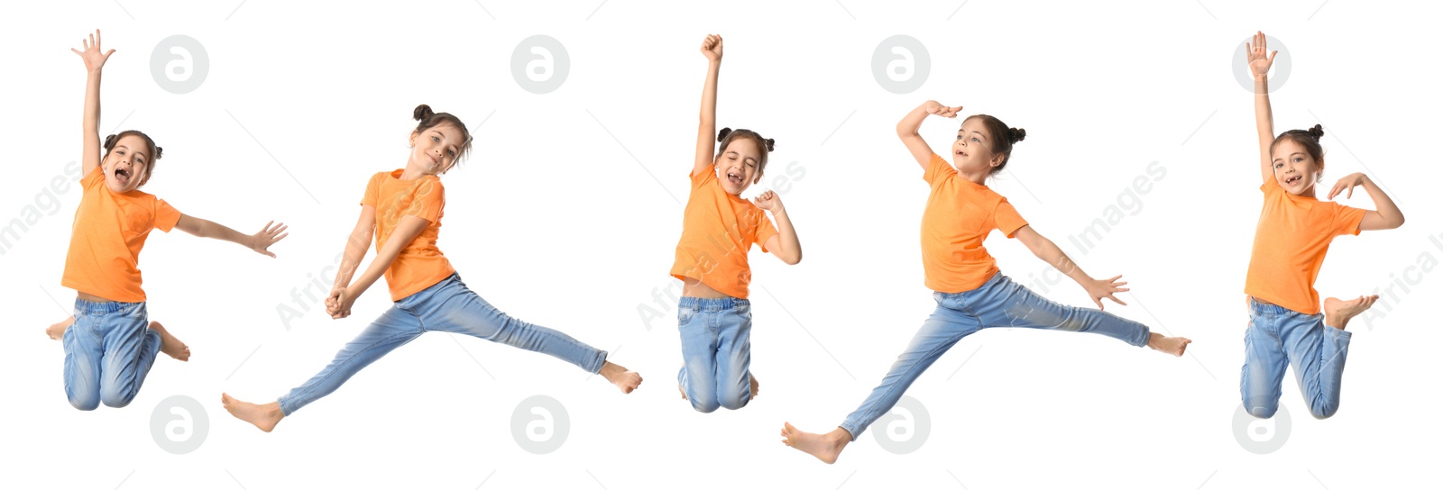 Image of Cute little girl jumping on white background, collage. Banner design