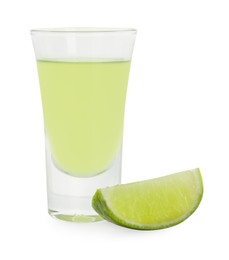 Shooter in shot glass and lime wedge isolated on white. Alcohol drink