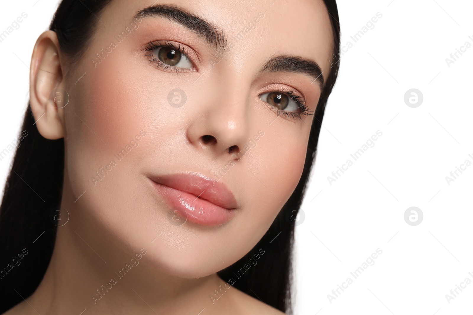 Photo of Beautiful woman with healthy skin on white background, closeup