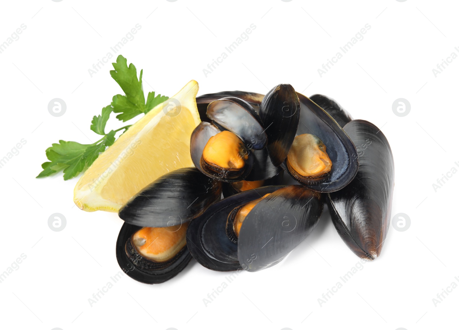 Photo of Cooked mussels with parsley and lemon on white background