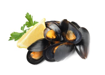 Photo of Cooked mussels with parsley and lemon on white background