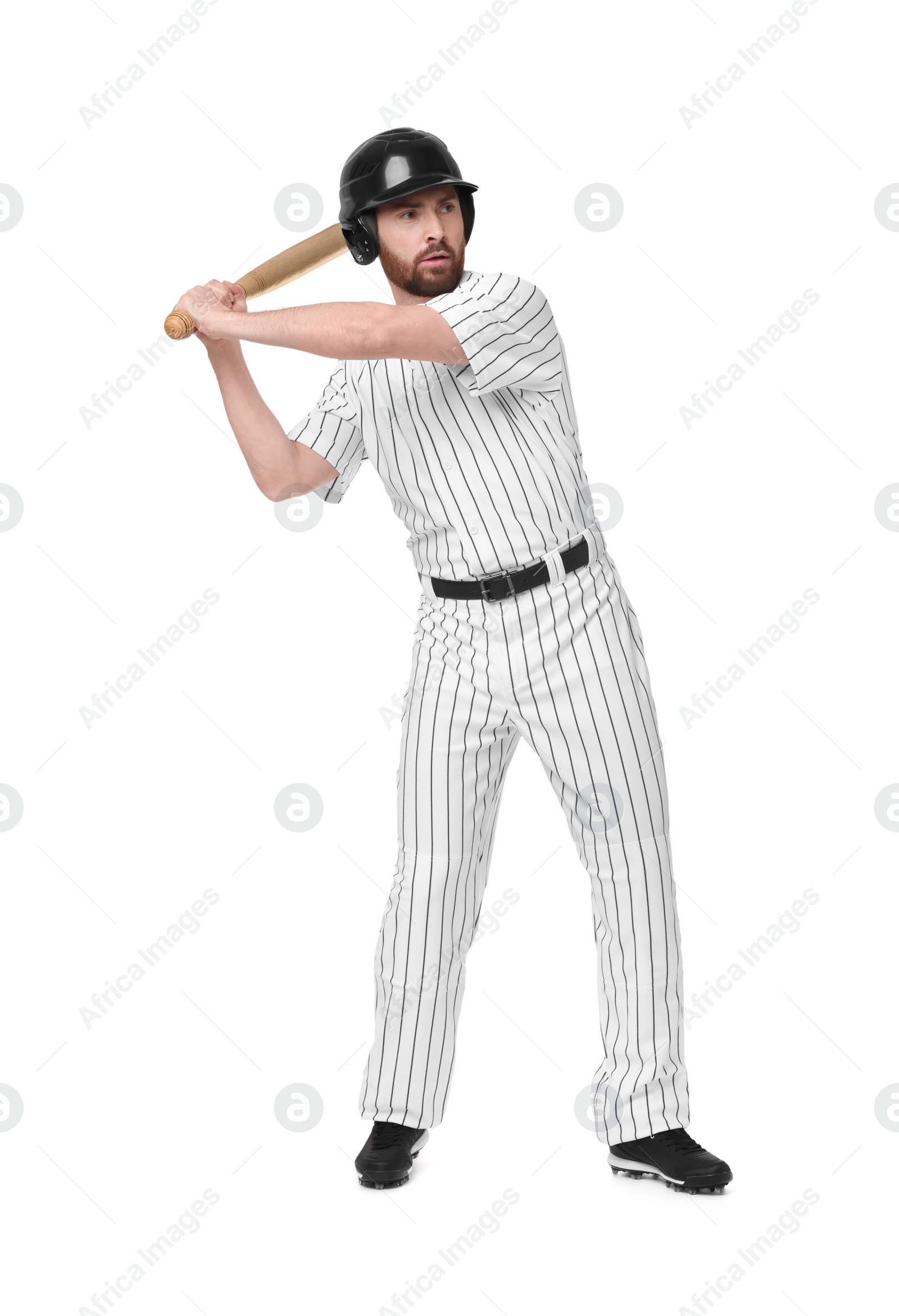 Photo of Baseball player taking swing with bat on white background