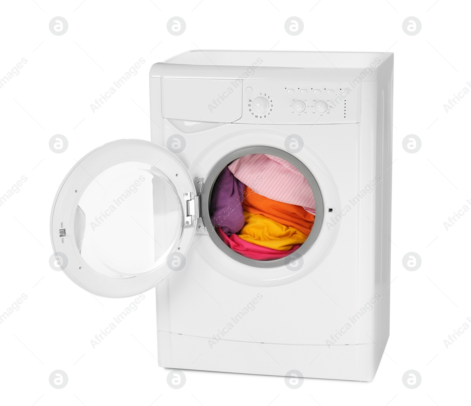 Photo of Modern washing machine with laundry isolated on white