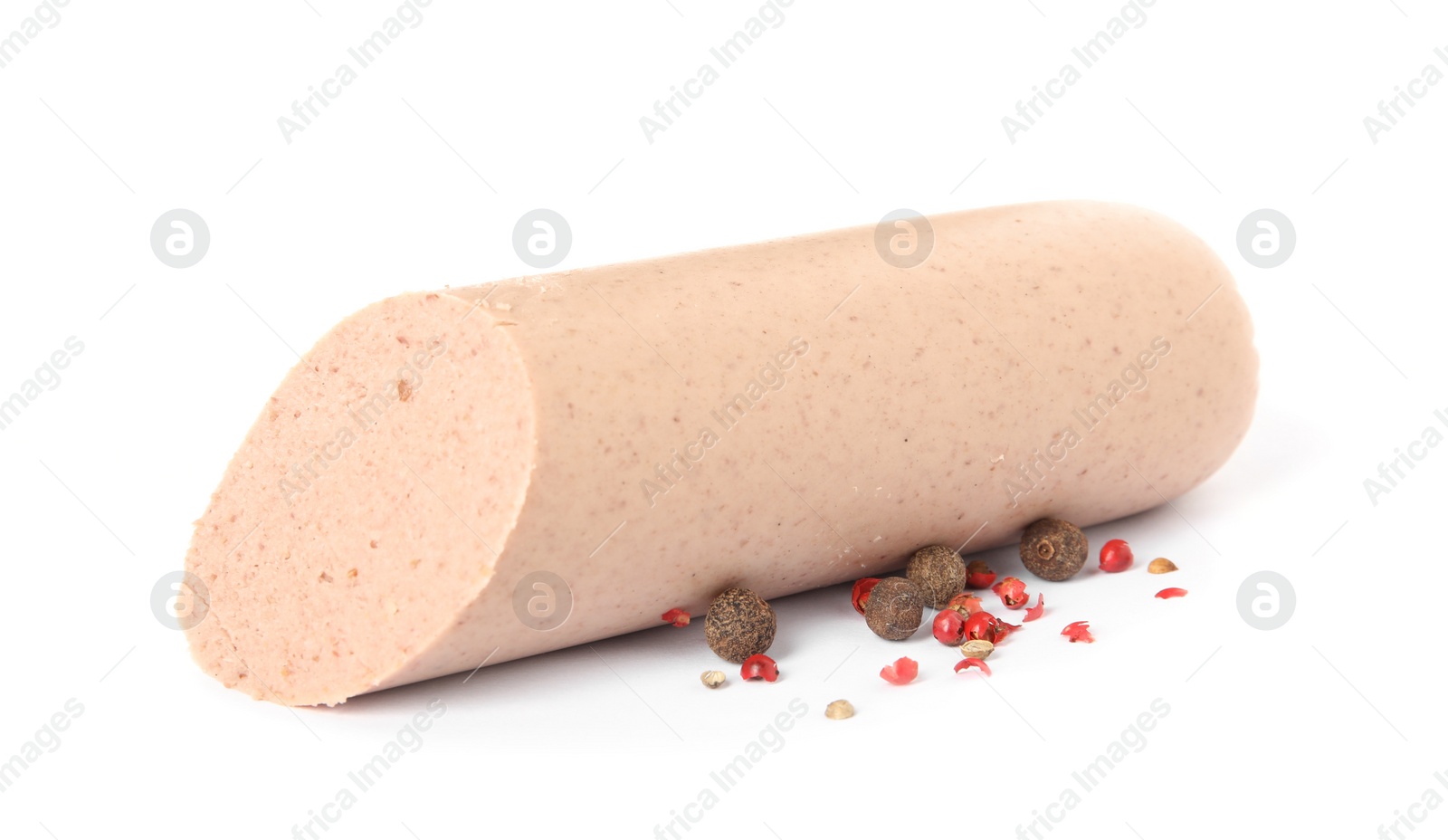 Photo of Delicious liverwurst with spices on white background