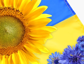 Image of Bright sunflower, Ukrainian national flag and beautiful cornflowers on white background