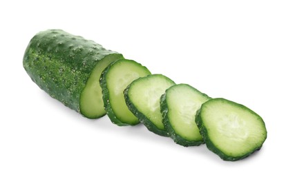 Photo of Fresh green sliced cucumber on white background