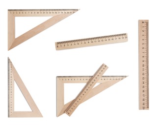 Set with different rulers with measuring length markings in centimeters on white background