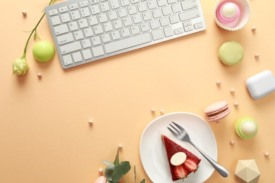 Photo of Flat lay composition with keyboard on beige background. Food blogger's workplace