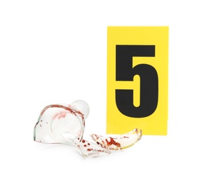 Photo of Bloody broken bottle and crime scene marker with number five isolated on white