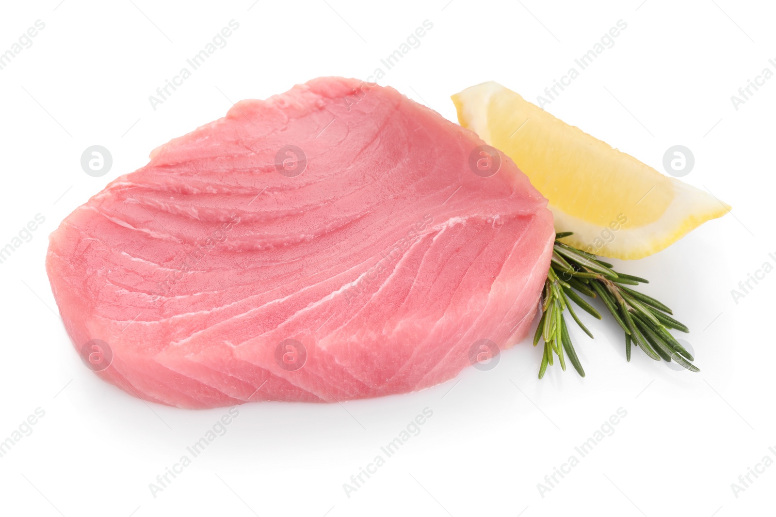 Photo of Raw tuna fillet, lemon wedge and rosemary on white background