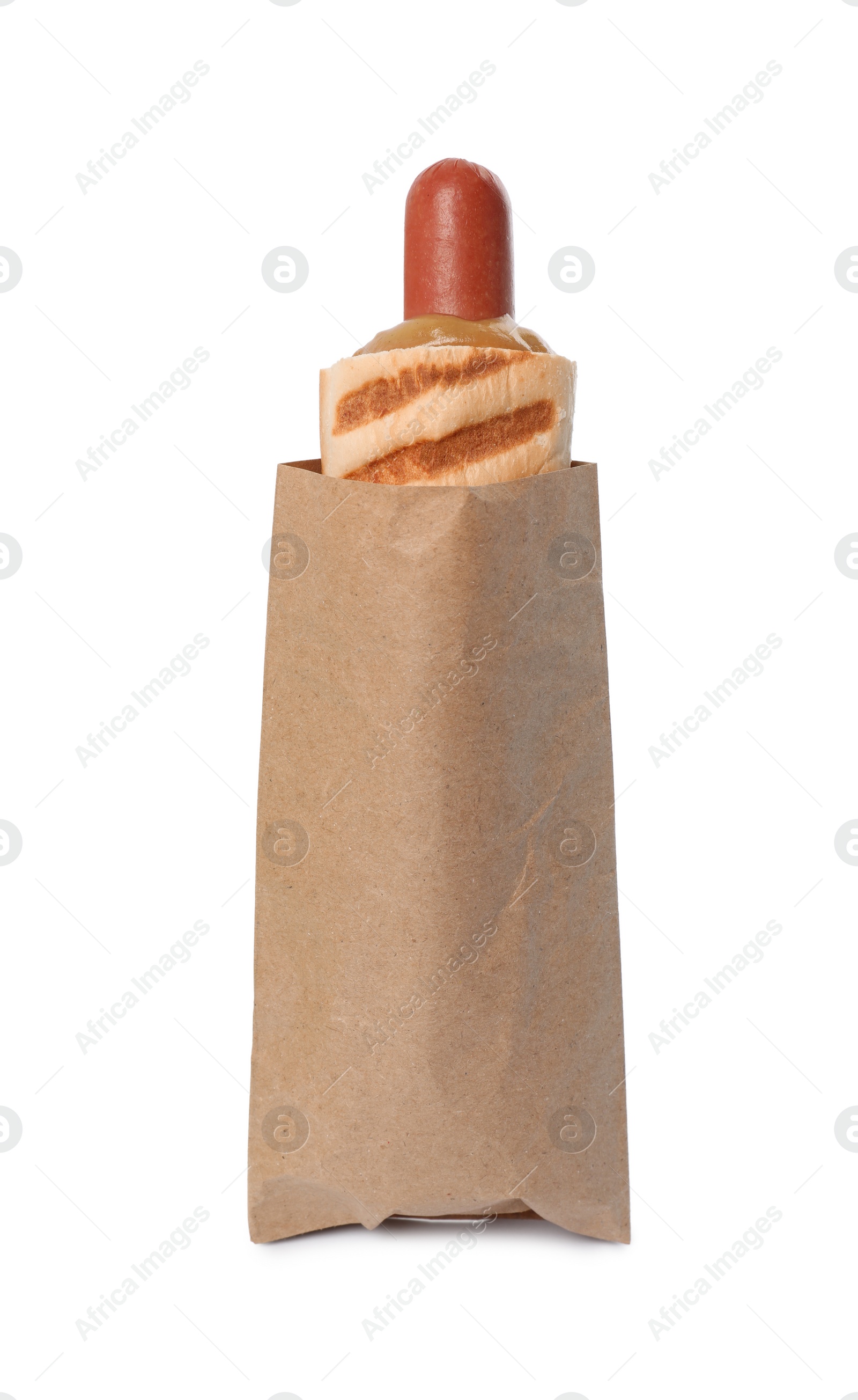 Photo of Tasty french hot dog with mustard isolated on white