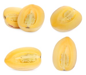 Image of Set with fresh cut pepino fruits on white background 