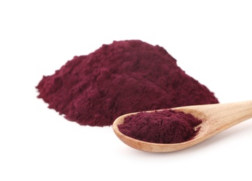 Photo of Wooden spoon and acai powder on white background