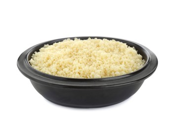Bowl of tasty couscous on white background