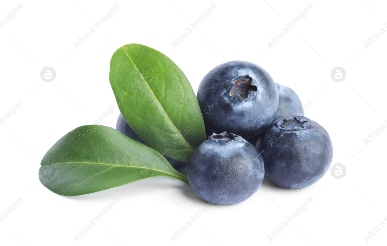 Photo of Fresh ripe blueberries with leaves on white background