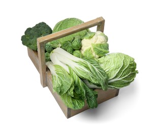 Wooden crate with different types of fresh cabbage on white background