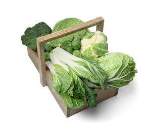 Photo of Wooden crate with different types of fresh cabbage on white background