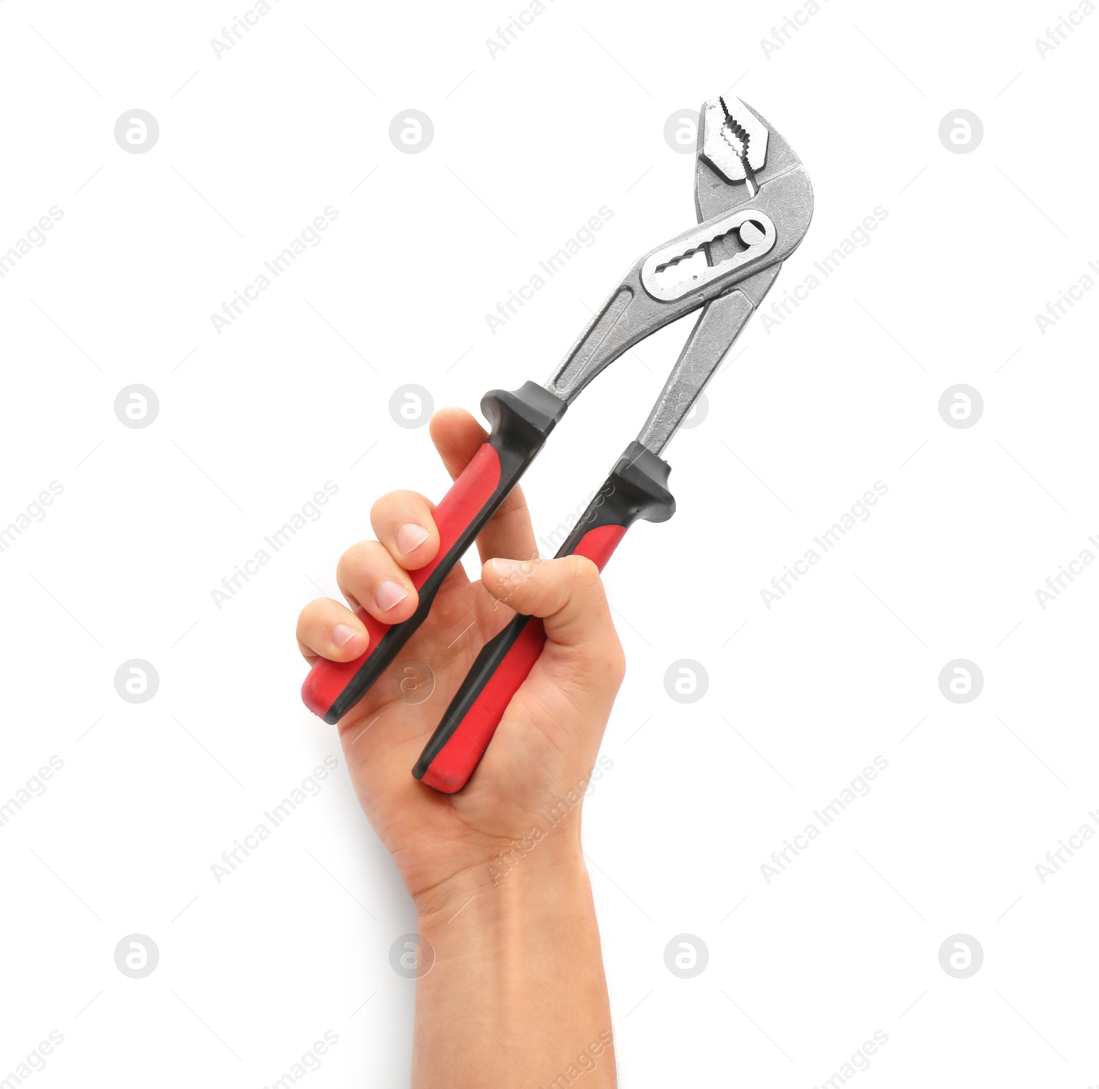 Photo of Plumber holding rib joint pliers on white background, closeup