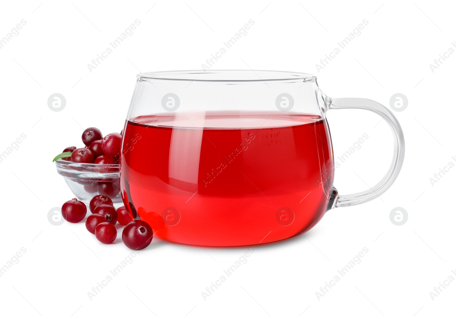 Photo of Cup of delicious cranberry tea and berries isolated on white