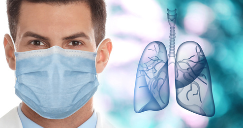Image of Pulmonology treating respiratory diseases - bronchitis, tuberculosis, asthma, emphysema, pneumonia and chest infection. Physician and lungs illustration