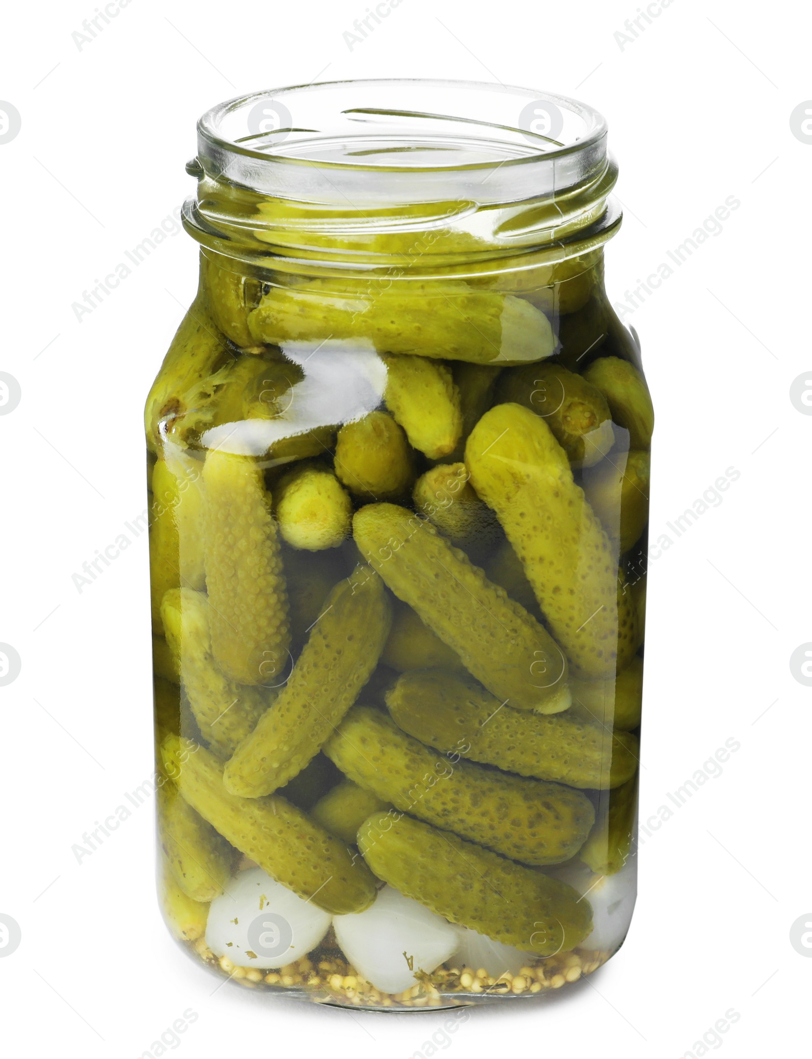 Photo of Jar with pickled gherkins on white background