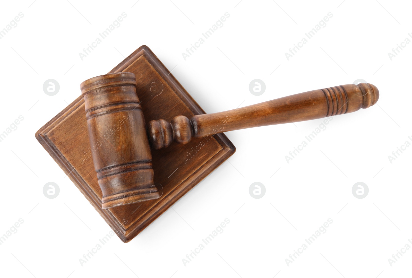 Photo of Wooden gavel isolated on white, top view. Small mallet