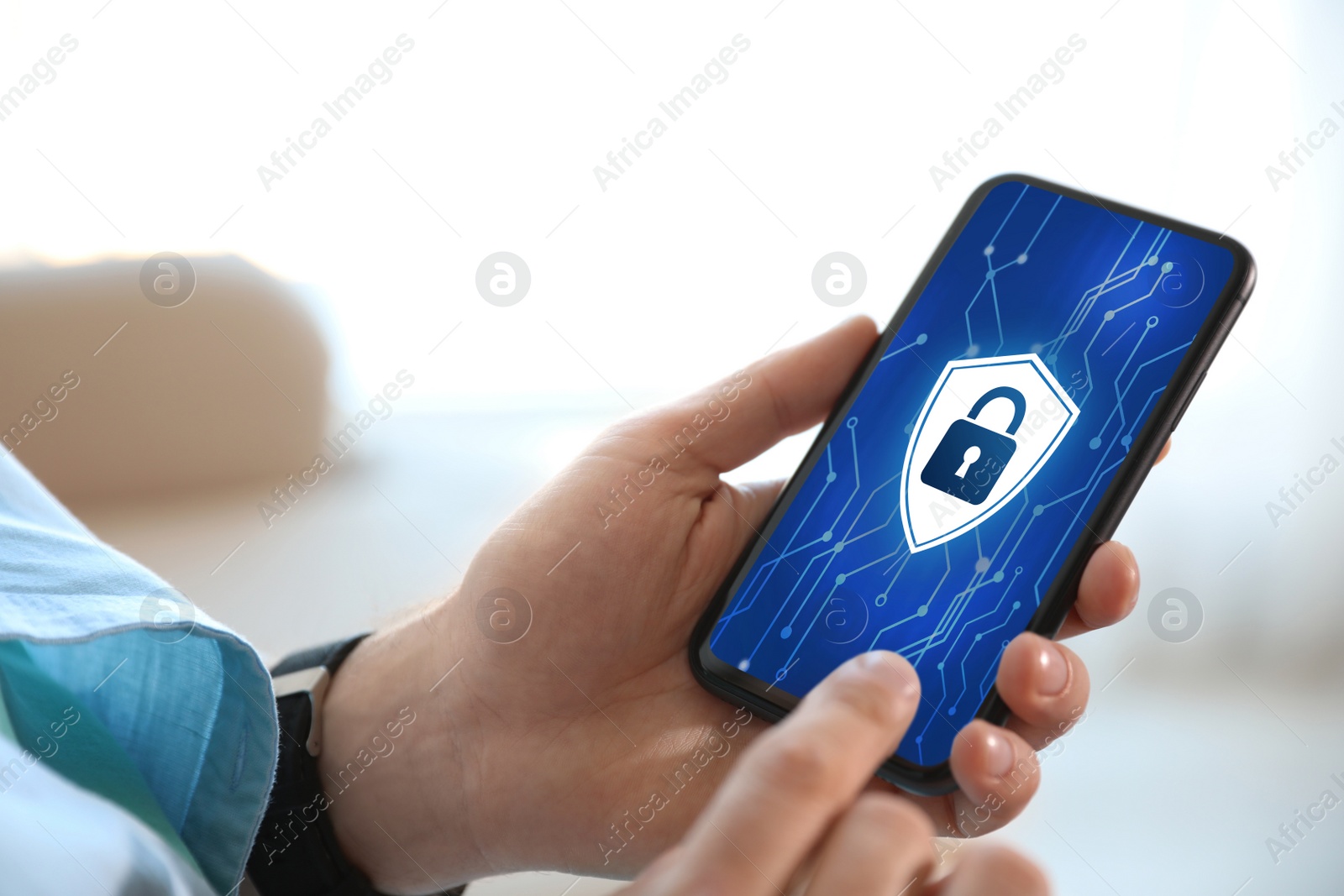 Image of  Cyber security concept. Man using application on phone, closeup