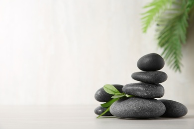 Spa stones with branch on light background. Space for text