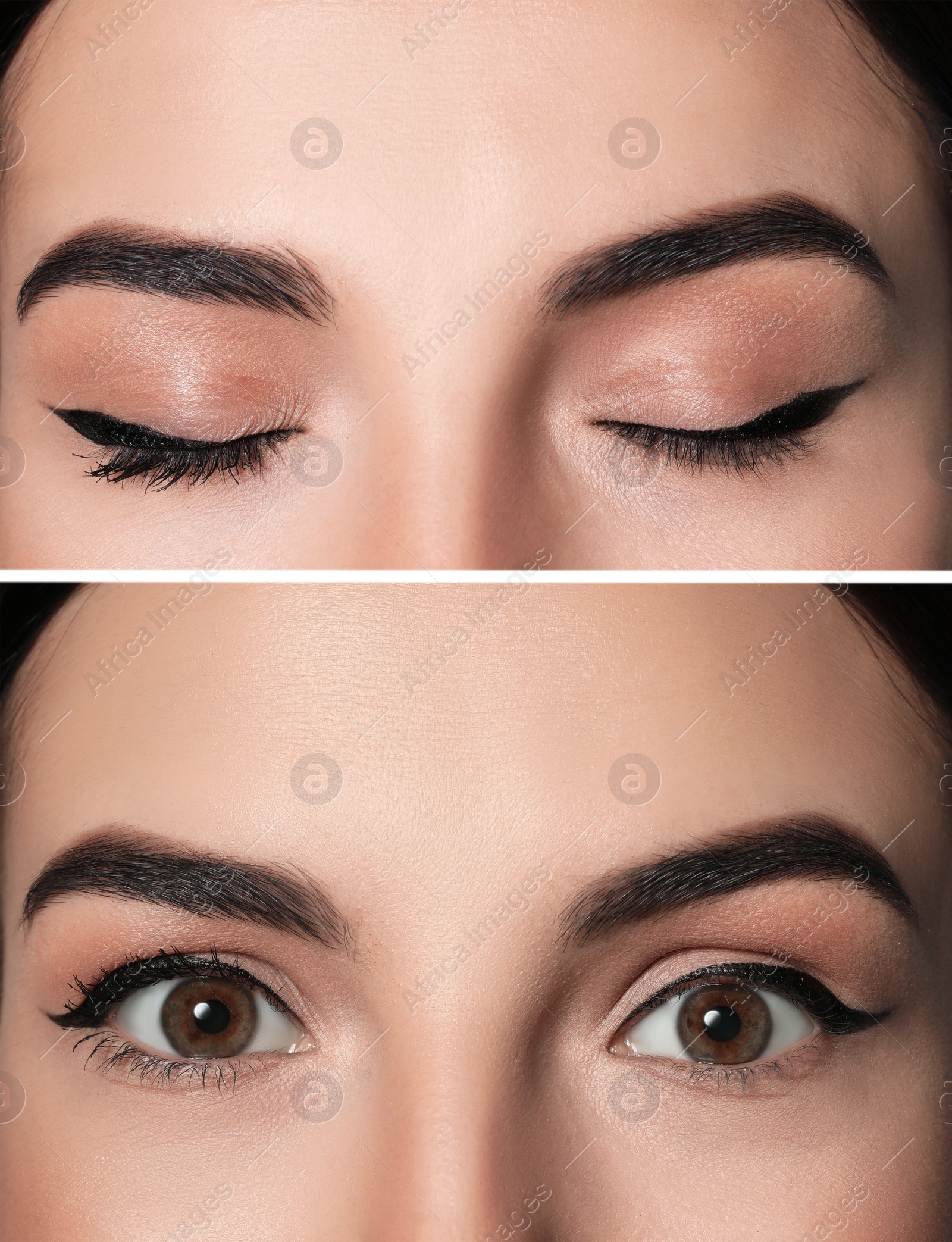 Image of Collage with photos of woman with black eyeliner, closeup view of closed and open eyes 