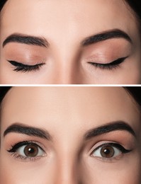 Image of Collage with photoswoman with black eyeliner, closeup view of closed and open eyes 