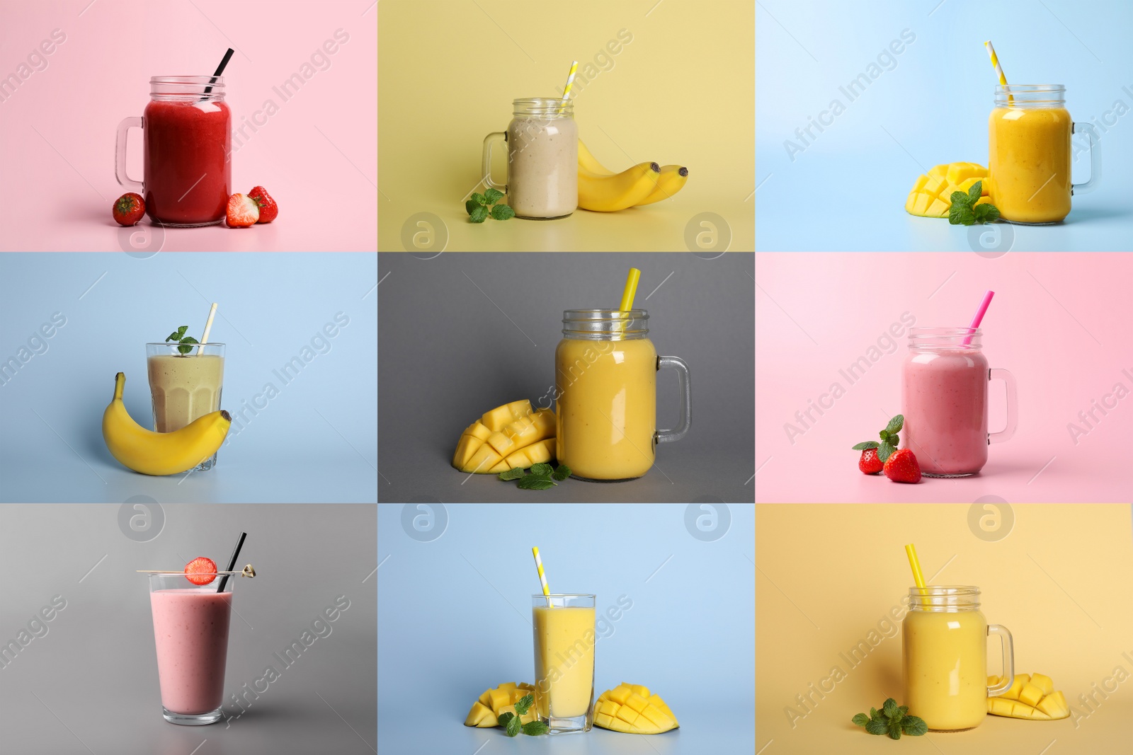 Image of Collage with various smoothies on different color backgrounds