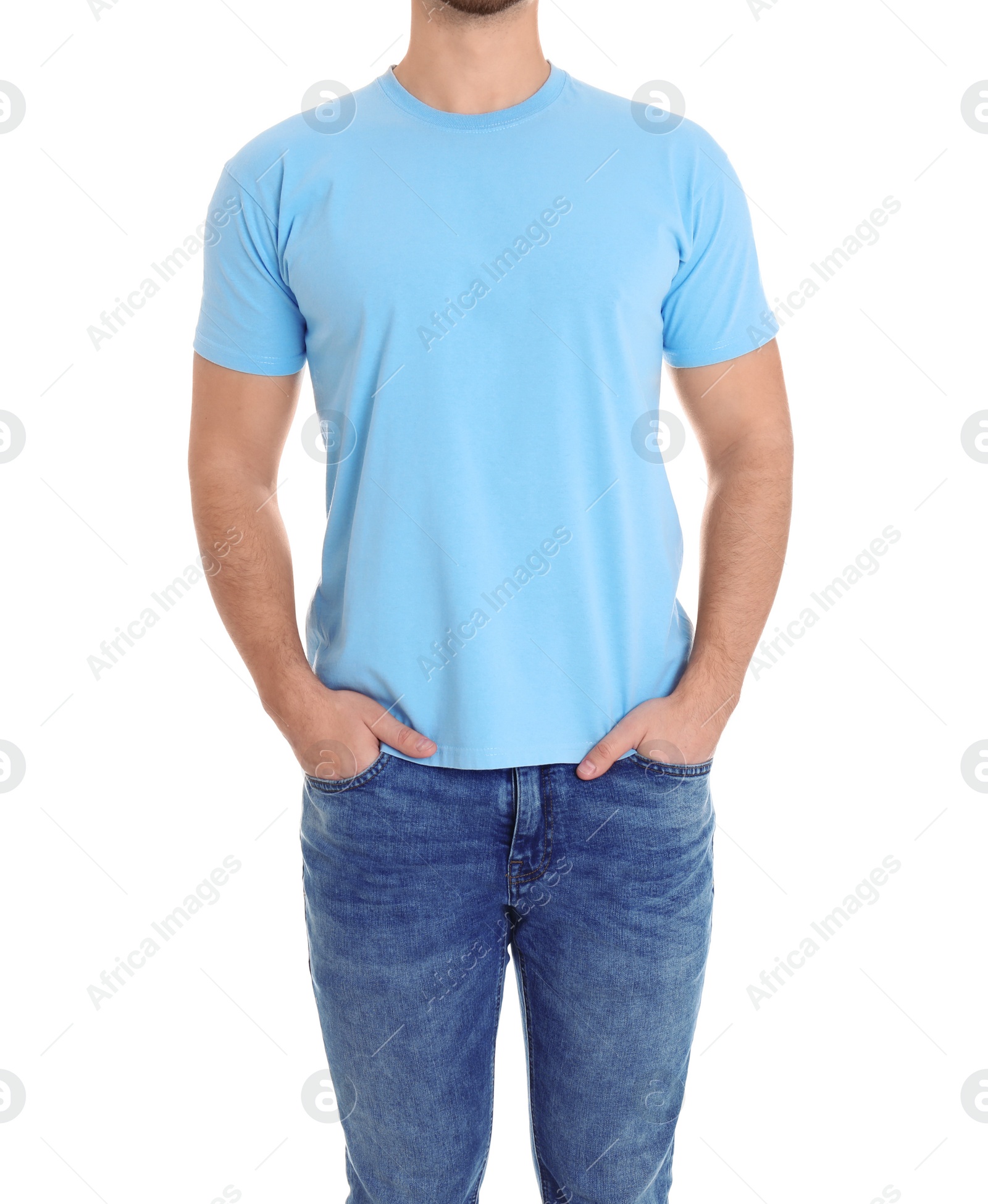 Photo of Young man on white background, closeup. Weight loss