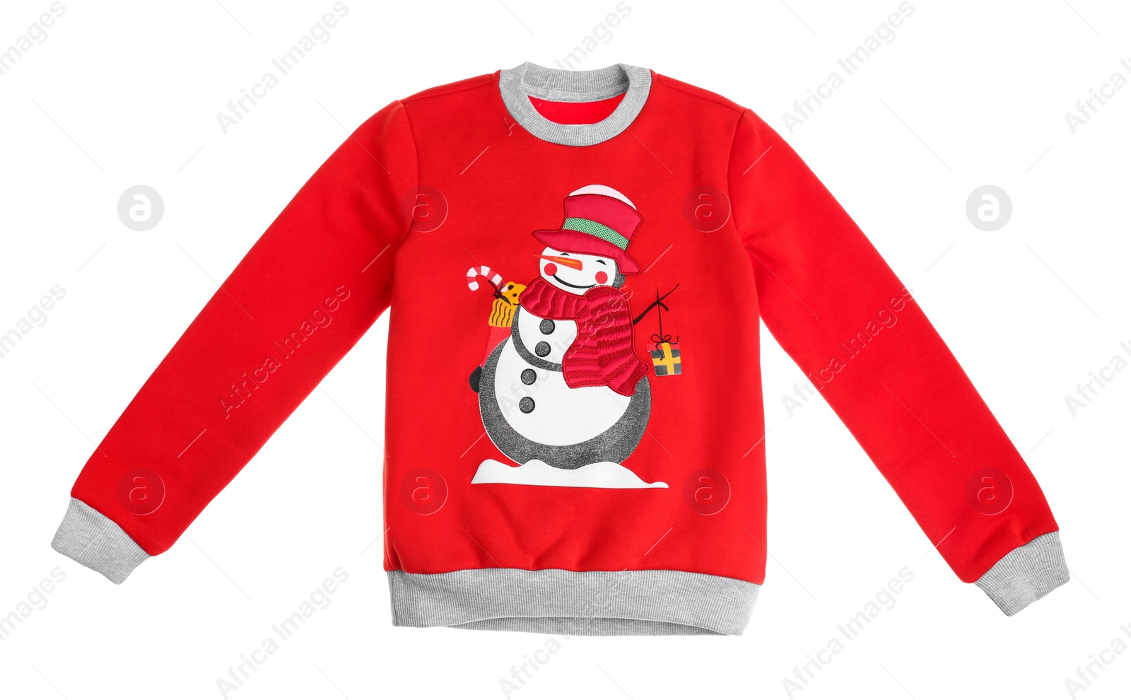 Photo of Warm Christmas sweater with snowman isolated on white, top view